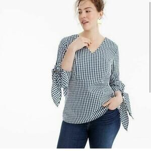 J. Crew x Universal Standard Women's Poplin Tie Sleeve Top Blue Gingham Medium